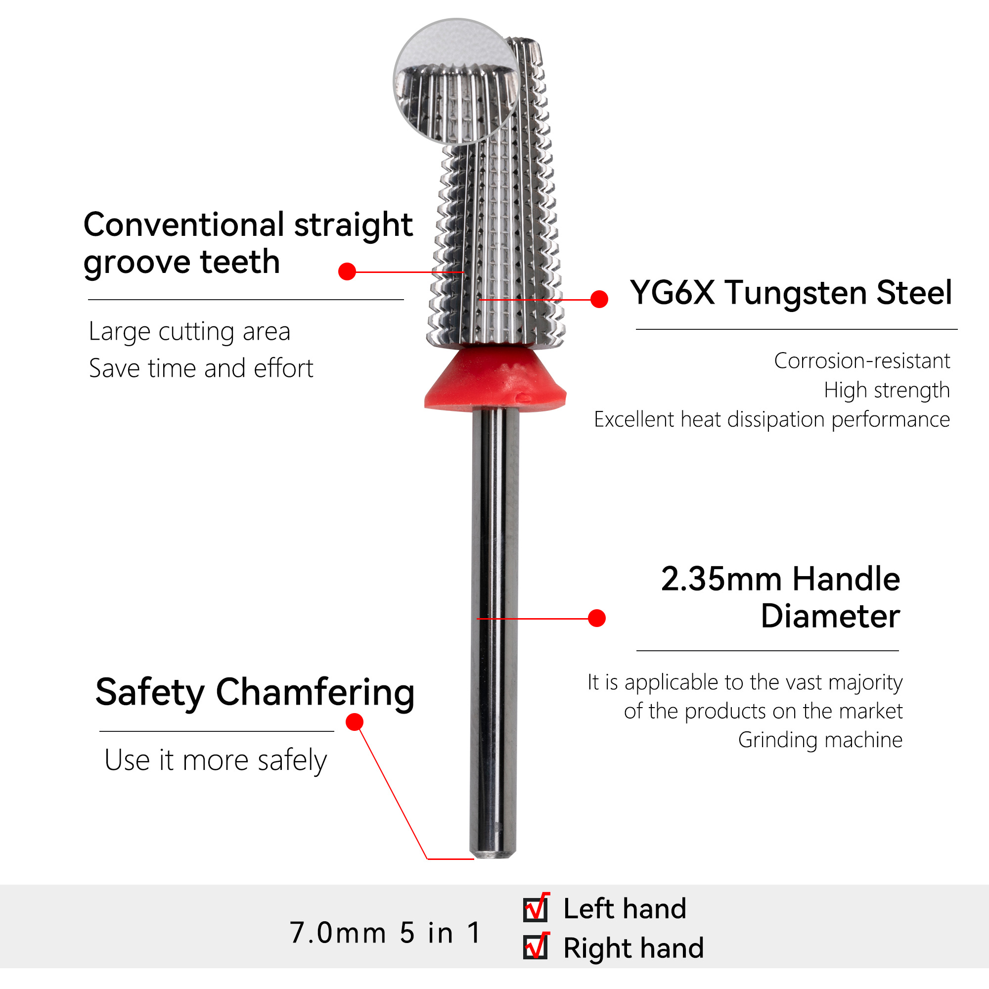 Hot Selling Factory Wholesale 7.0mm 5 in 1 Straight groove Nail Drill Bits Medium for Left Right Hand